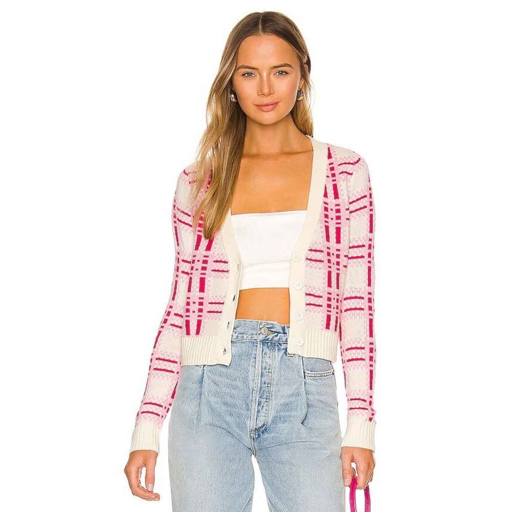 Central Park West Cream and Pink Plaid Cropped Cardigan